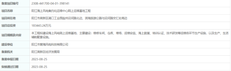 總投資超18億，陽江海上風(fēng)電集約化運維中心陸上運維基地工程備案通過